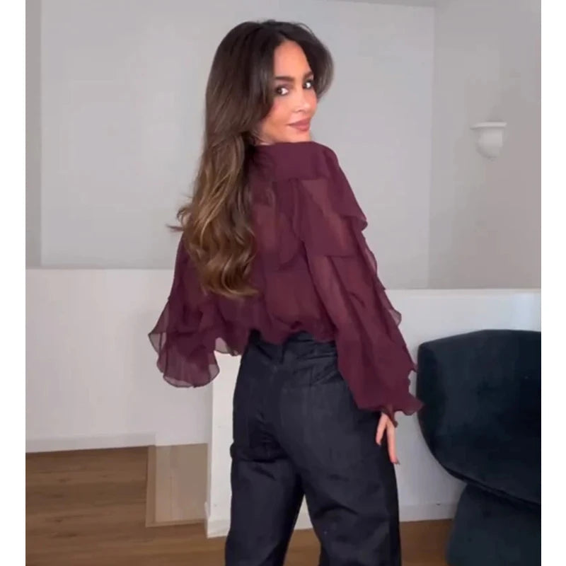 TRAF Ruffle Womens Blouses Semi Sheer Casual Blouses Woman Spring Fairy Shirts and Blouses for Lady Long Sleeve Tops Woman 2025 Don't Taxe That