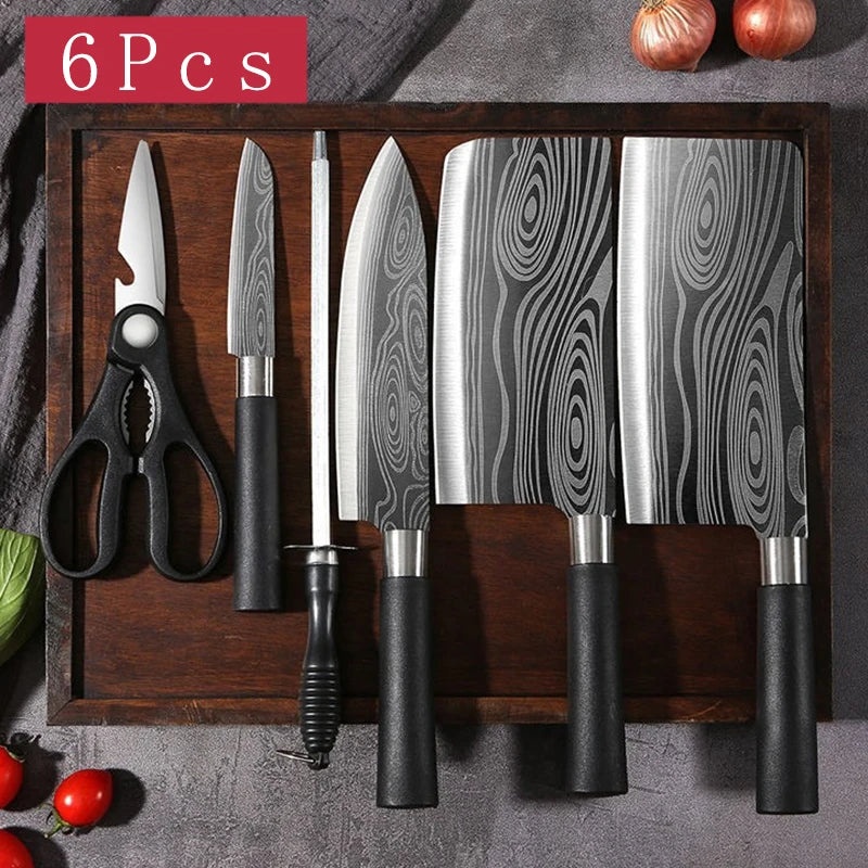Laser Damascus Pattern Utility Kitchen Knives Scissors Sharpening Rod Set Stainless Steel Sharp Slicing Chef knife Cooking Tool Don't Taxe That