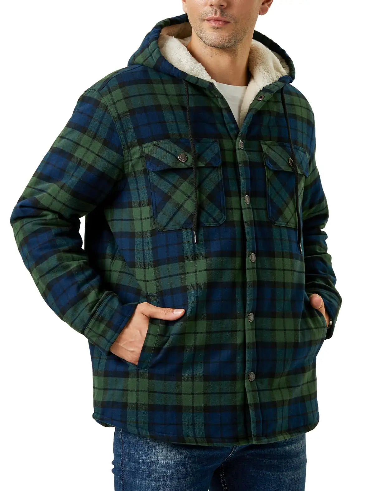 MAGCOMSEN Hooded Flannel Jacket Men's Plaid Jackets Cotton Sherpa Lined Jacket Winter Button Heavyweight Plaid Hoodies Male Don't Taxe That