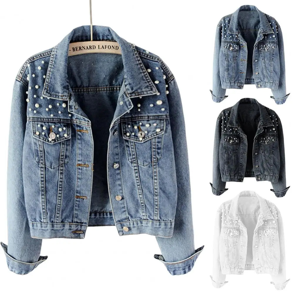 Trendy Women Denim Jacket Firm Stitching Autumn Denim Jacket Breathable Cardigan Imitation Pearl Autumn Coat  Beads Decor Don't Taxe That