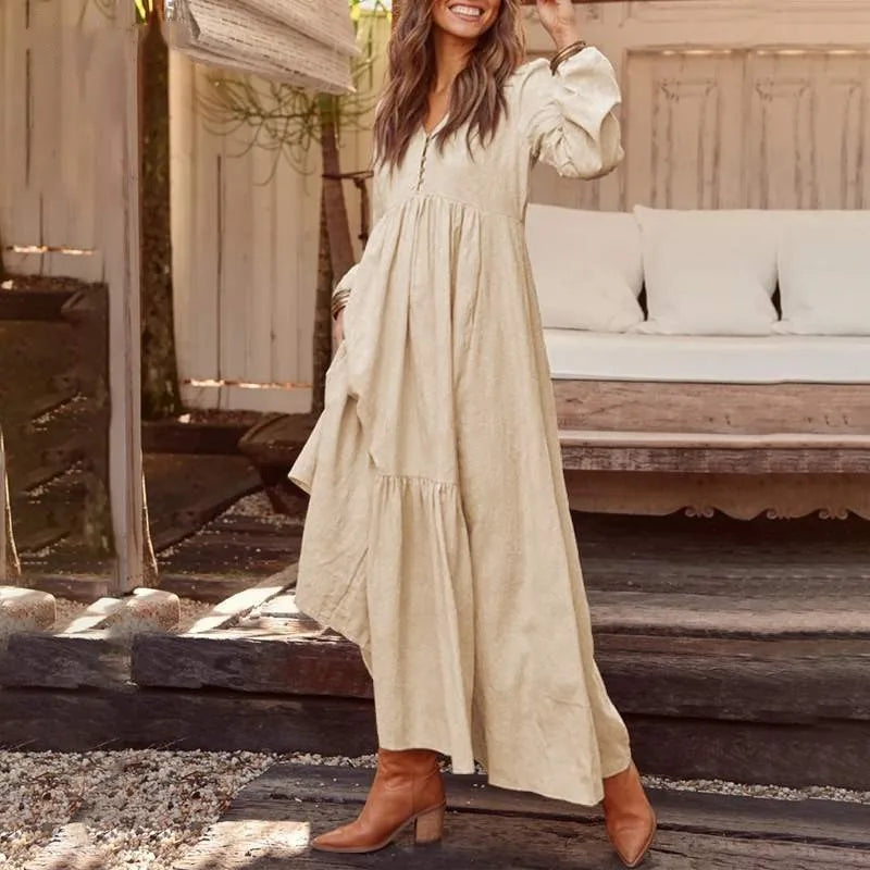 Cotton And Linen Vintage Style Long Dress For Women Casual V Neck Long Sleeve Loose Maxi Dresses Female Elegant Women's Clothing Don't Taxe That