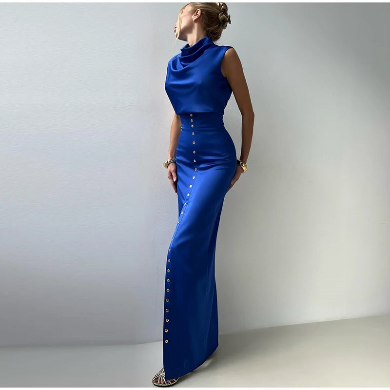 Crop Tops Long Skirt Two Piece Set Women Elegant Sleeveless Top Suit With Front Split Skirt Lady Chic Sexy Evening Party Outfits Don't Taxe That