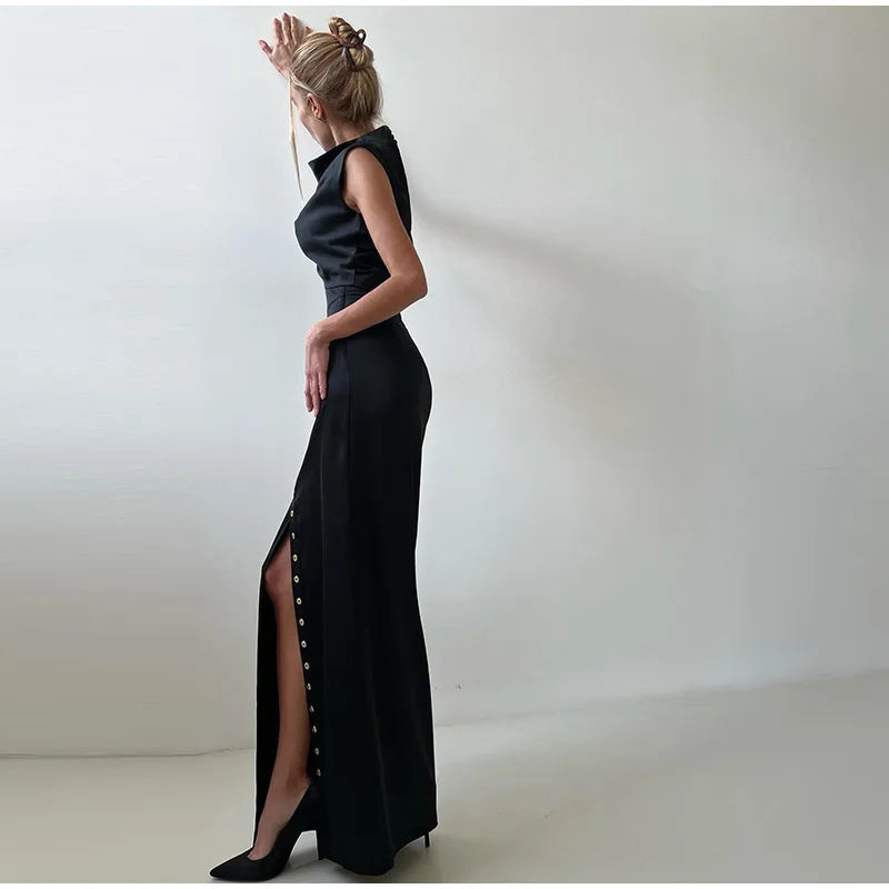 Crop Tops Long Skirt Two Piece Set Women Elegant Sleeveless Top Suit With Front Split Skirt Lady Chic Sexy Evening Party Outfits Don't Taxe That