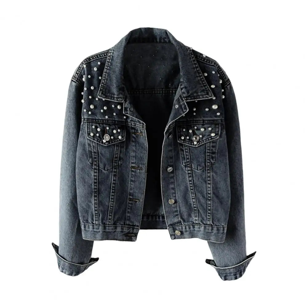 Trendy Women Denim Jacket Firm Stitching Autumn Denim Jacket Breathable Cardigan Imitation Pearl Autumn Coat  Beads Decor Don't Taxe That