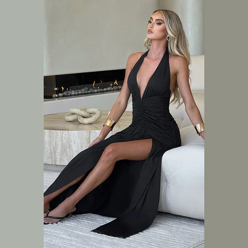 Women's Summer Deep V-neck High Waist Folds Long Dress Halter Neck Bandage Backless Tunics Split White Party Evening Dresses Don't Taxe That