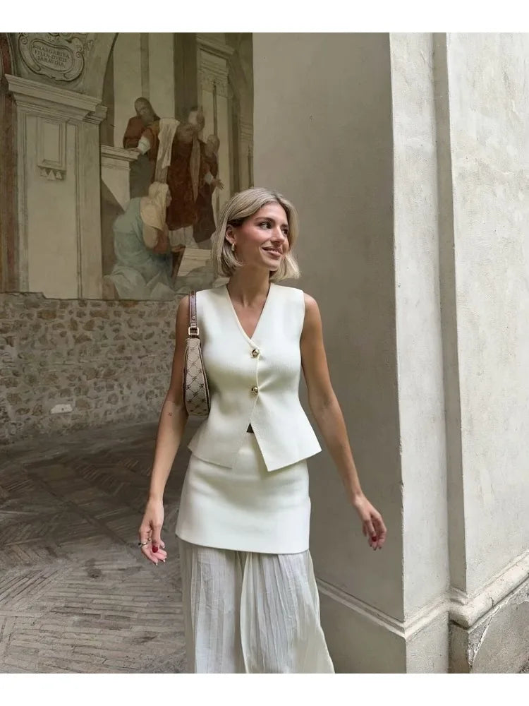 TRAF Women Knitted Sets Loose Skirt Set 2 Pieces 2024 Summer Button V-neck Vest Top Ankle-Length Skirt Lady Street Outfit Don't Taxe That