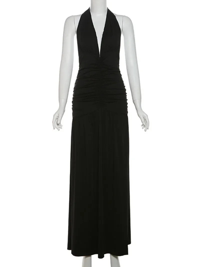 Women's Summer Deep V-neck High Waist Folds Long Dress Halter Neck Bandage Backless Tunics Split White Party Evening Dresses Don't Taxe That