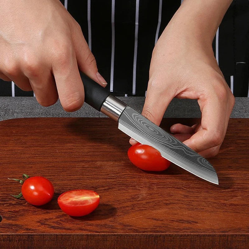 Laser Damascus Pattern Utility Kitchen Knives Scissors Sharpening Rod Set Stainless Steel Sharp Slicing Chef knife Cooking Tool Don't Taxe That