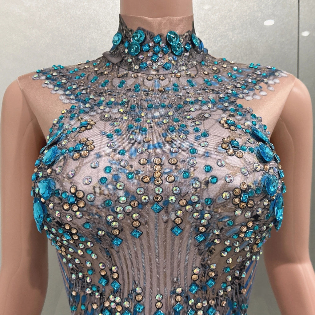 Fashion Crystals Rhinestone Party Long Dress Women Sleeveless Tassel Club Dress Blue Sexy Jazz Singer Dancer Stage Costumes Don't Taxe That