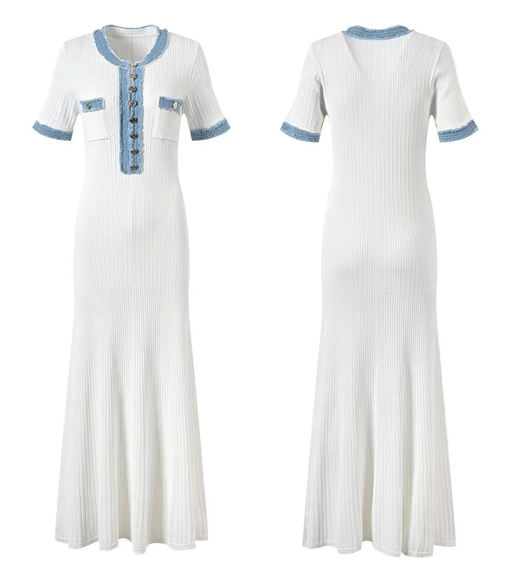 Elegant Contrasting Women Knit Maxi Dress Chic O-neck Short Sleeve Metal Buttons Bodycon Dresses Office Lady Commuting Robe Don't Taxe That
