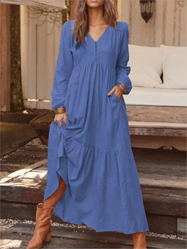Cotton And Linen Vintage Style Long Dress For Women Casual V Neck Long Sleeve Loose Maxi Dresses Female Elegant Women's Clothing Don't Taxe That