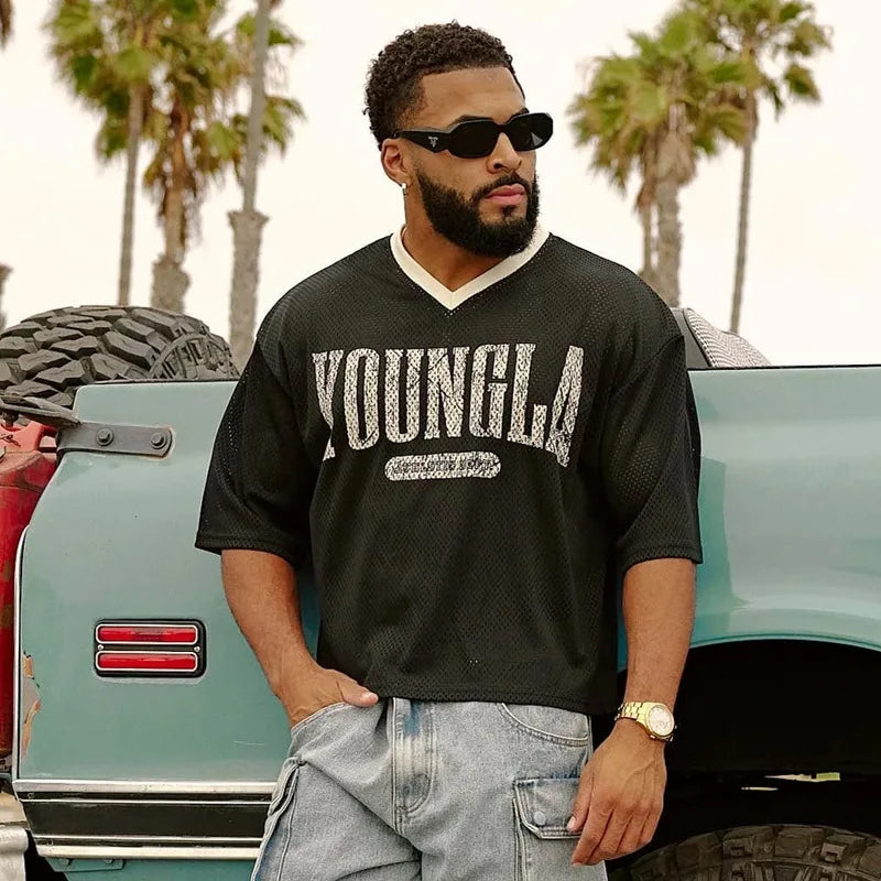 Summer new YA Trendy Brand Super Large T-shirt Men Sports Fitness Quick drying Breathable Large Mesh Printed Short Sleeve Top Don't Taxe That