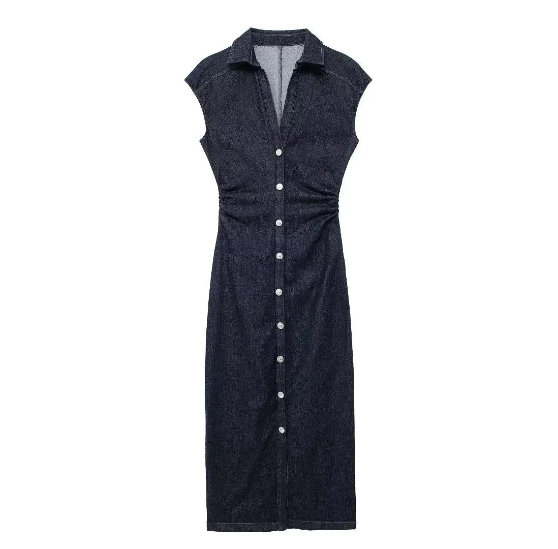 TRAFSHE Sleeveless Denim Long Dress Women Bodycon Tank Midi Dress Woman Summer Ruched Button Up Casual Dresses For Lady Don't Taxe That