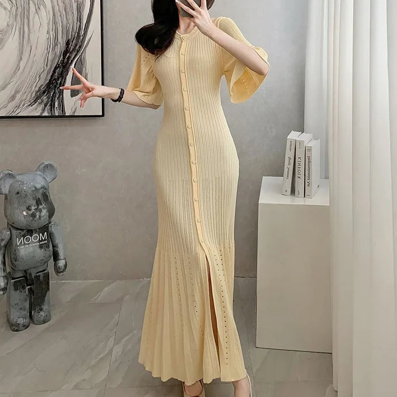 Summer Spring New French Elegant Fragrance High-end Slimming Knitted Mermaid Dress Hollow Slimming Fish Tail Knit Dress Don't Taxe That