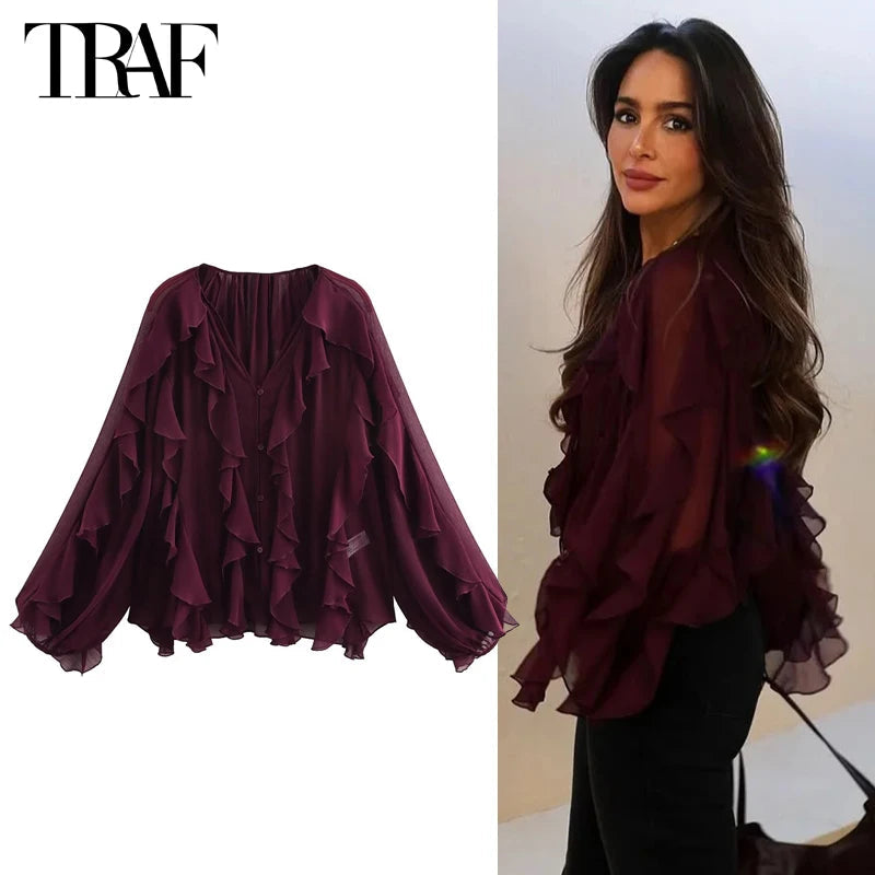 TRAF Ruffle Womens Blouses Semi Sheer Casual Blouses Woman Spring Fairy Shirts and Blouses for Lady Long Sleeve Tops Woman 2025 Don't Taxe That