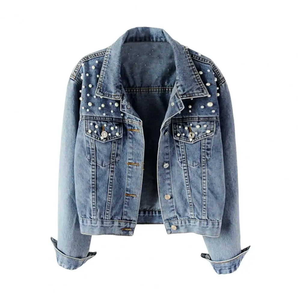 Trendy Women Denim Jacket Firm Stitching Autumn Denim Jacket Breathable Cardigan Imitation Pearl Autumn Coat  Beads Decor Don't Taxe That