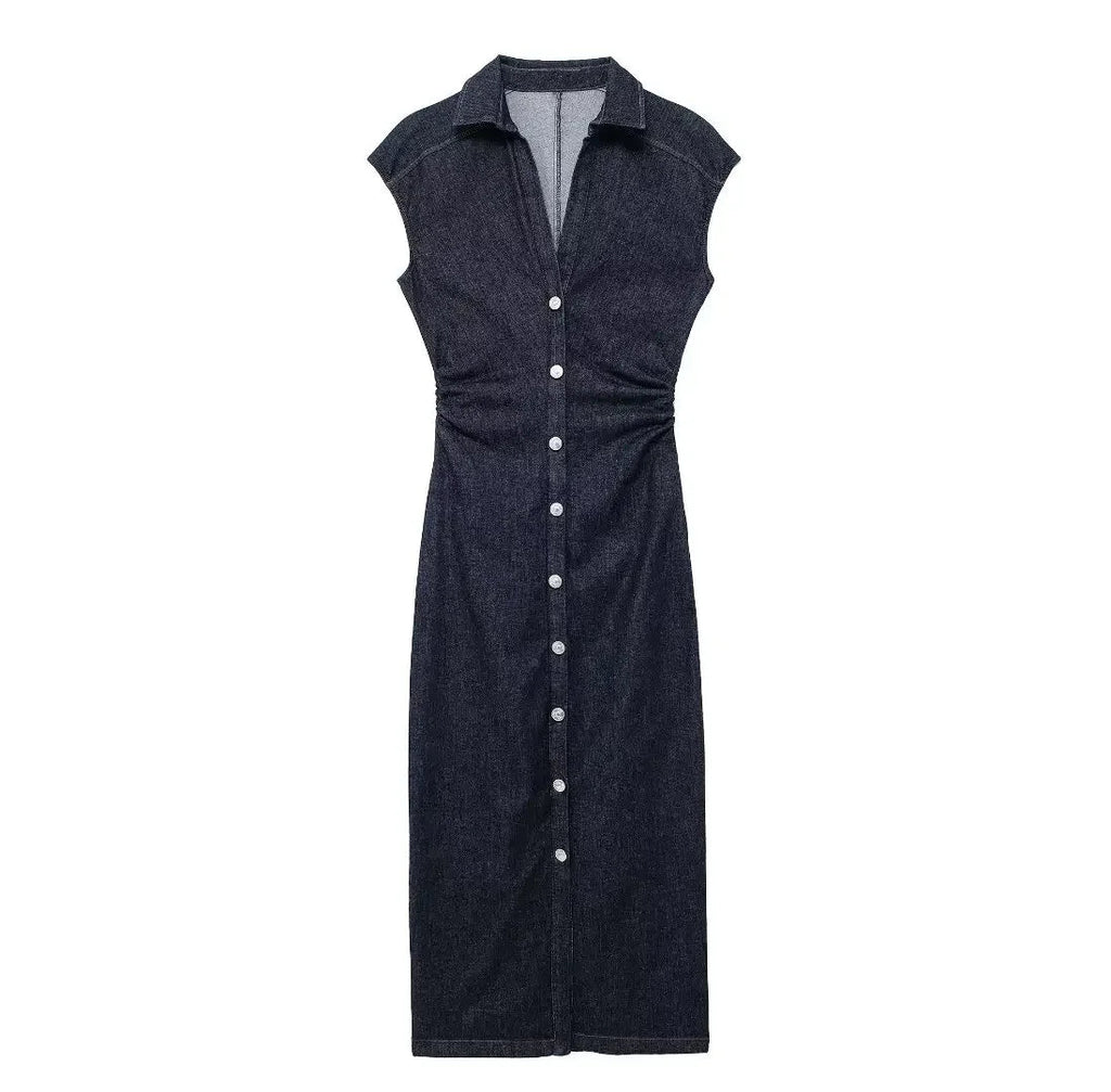 TRAFSHE Sleeveless Denim Long Dress Women Bodycon Tank Midi Dress Woman Summer Ruched Button Up Casual Dresses For Lady Don't Taxe That