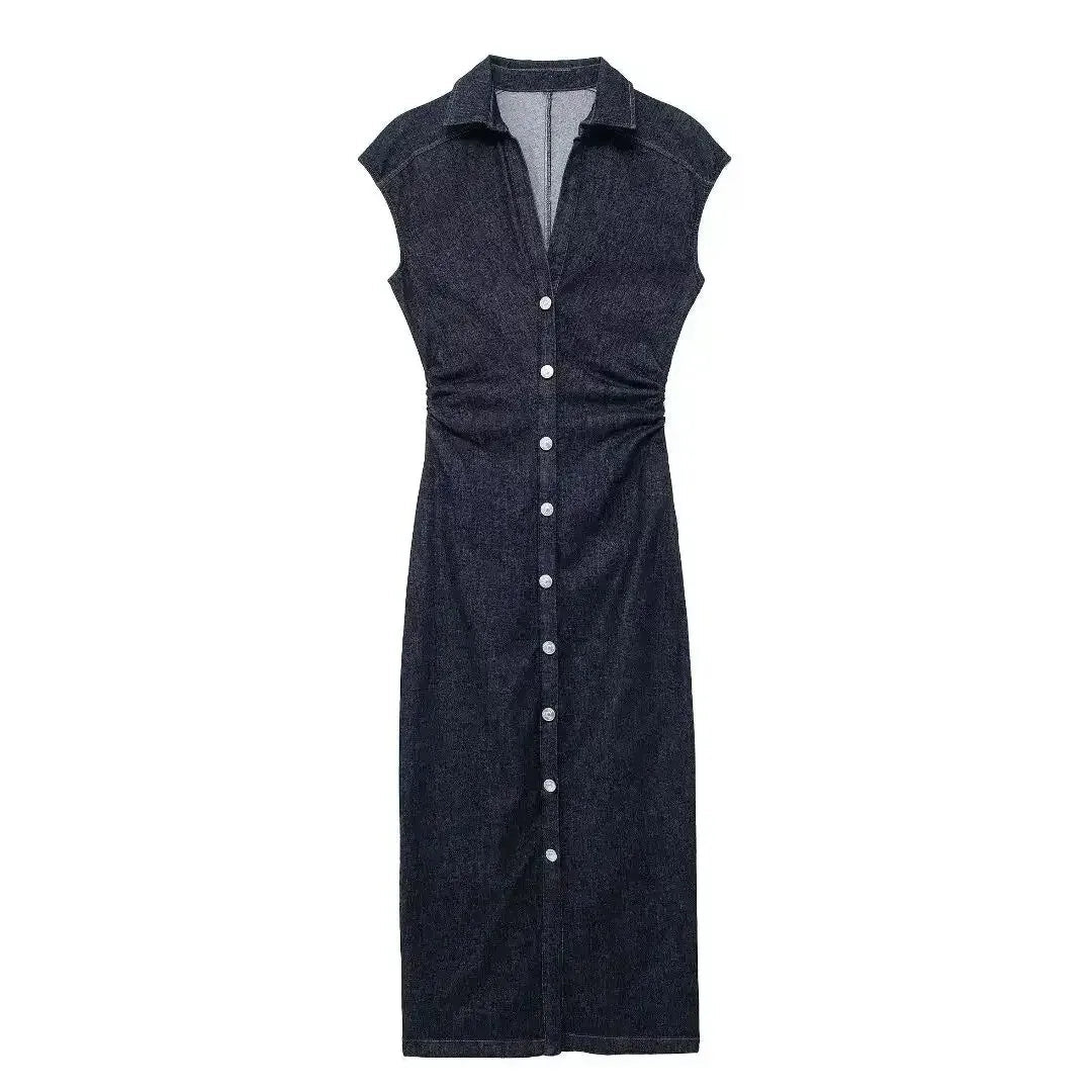 TRAFSHE Sleeveless Denim Long Dress Women Bodycon Tank Midi Dress Woman Summer Ruched Button Up Casual Dresses For Lady Don't Taxe That