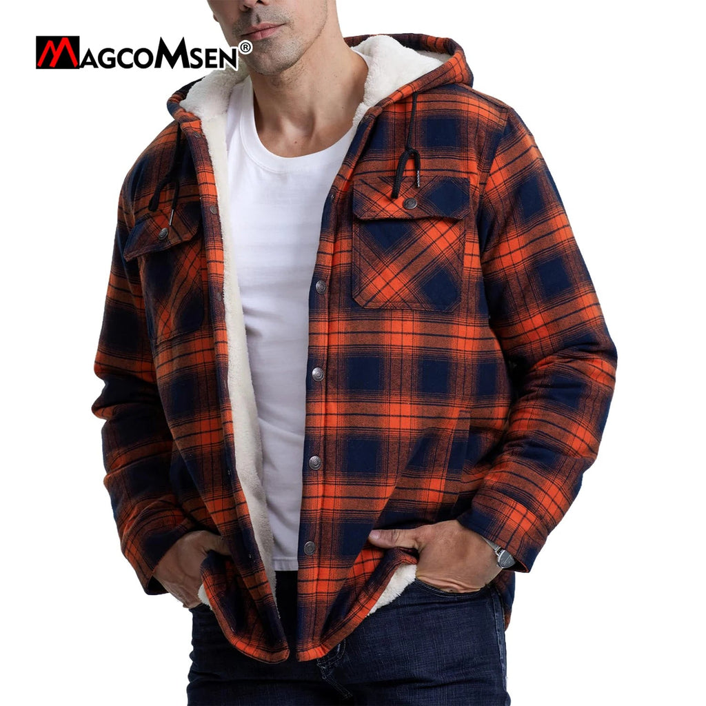 MAGCOMSEN Hooded Flannel Jacket Men's Plaid Jackets Cotton Sherpa Lined Jacket Winter Button Heavyweight Plaid Hoodies Male Don't Taxe That