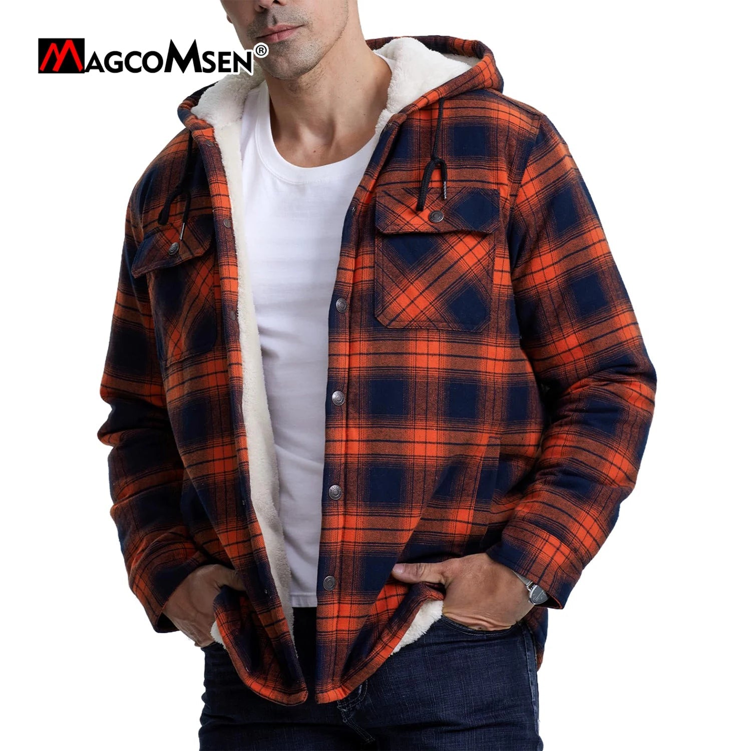 MAGCOMSEN Hooded Flannel Jacket Men's Plaid Jackets Cotton Sherpa Lined Jacket Winter Button Heavyweight Plaid Hoodies Male Don't Taxe That