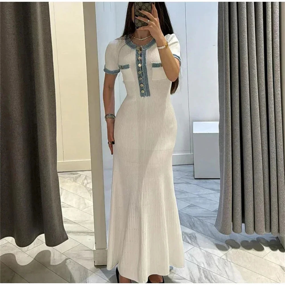 Elegant Contrasting Women Knit Maxi Dress Chic O-neck Short Sleeve Metal Buttons Bodycon Dresses Office Lady Commuting Robe Don't Taxe That