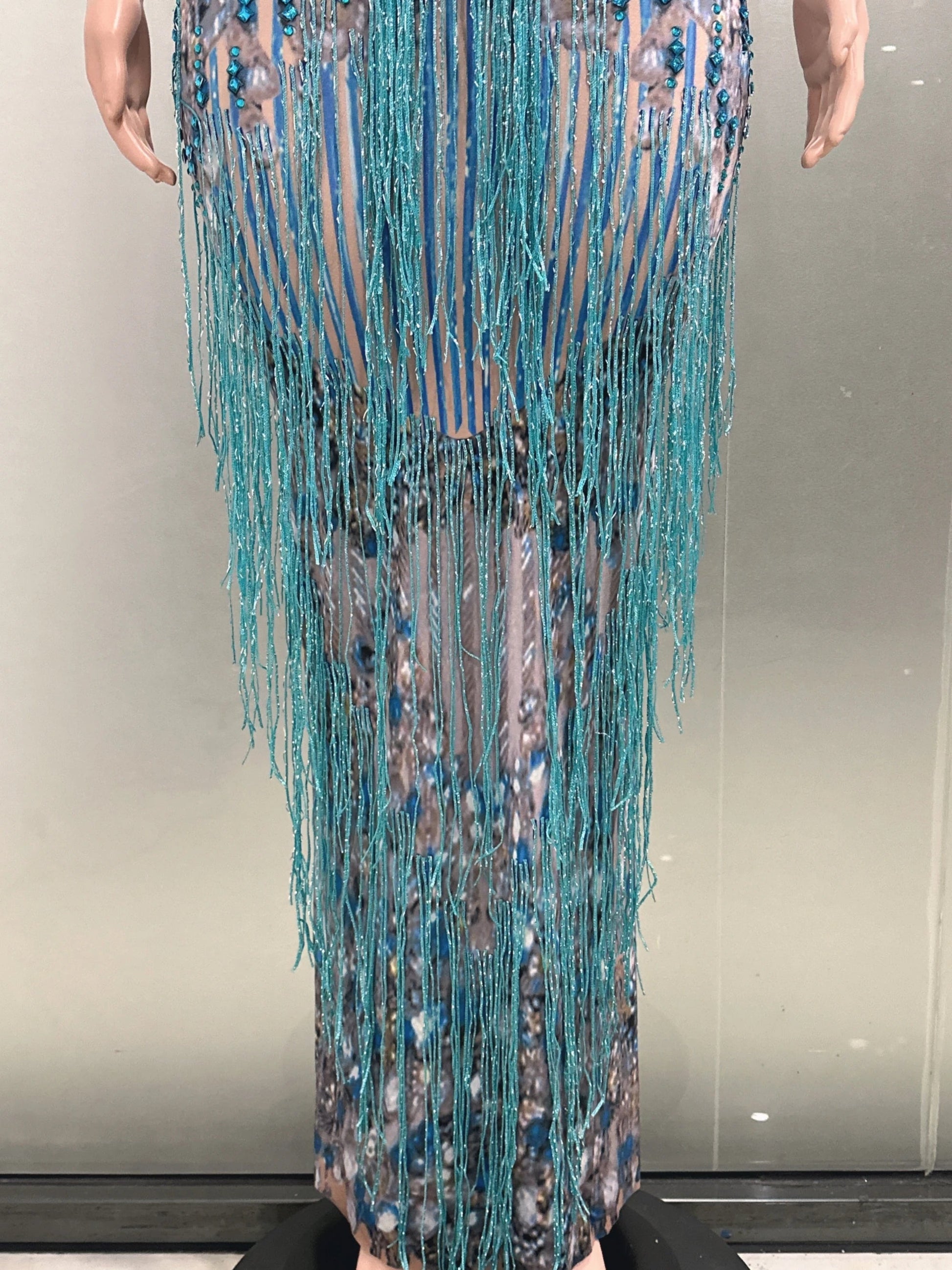 Fashion Crystals Rhinestone Party Long Dress Women Sleeveless Tassel Club Dress Blue Sexy Jazz Singer Dancer Stage Costumes Don't Taxe That