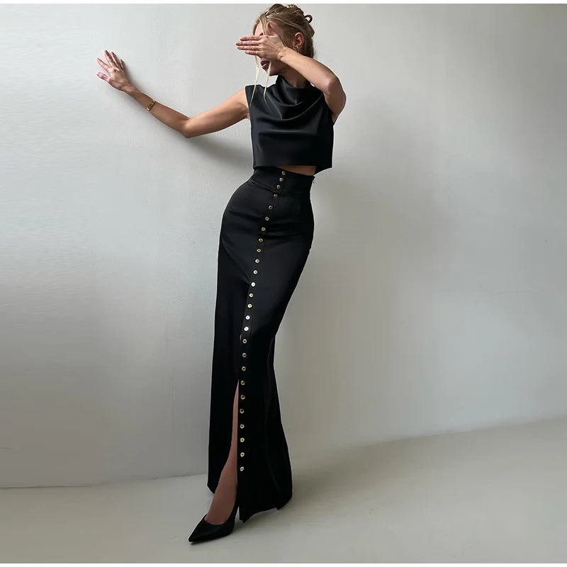 Crop Tops Long Skirt Two Piece Set Women Elegant Sleeveless Top Suit With Front Split Skirt Lady Chic Sexy Evening Party Outfits Don't Taxe That