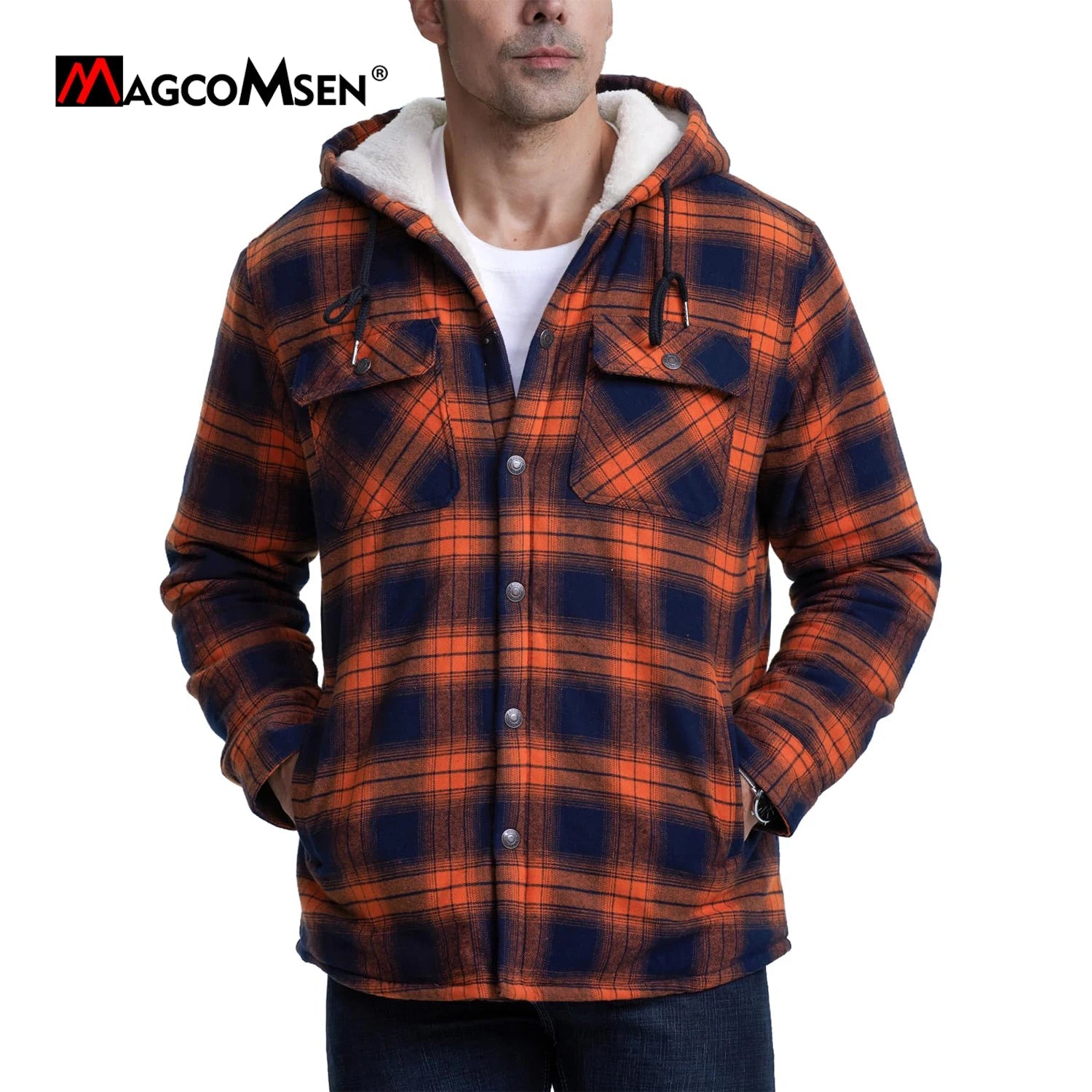MAGCOMSEN Hooded Flannel Jacket Men's Plaid Jackets Cotton Sherpa Lined Jacket Winter Button Heavyweight Plaid Hoodies Male Don't Taxe That