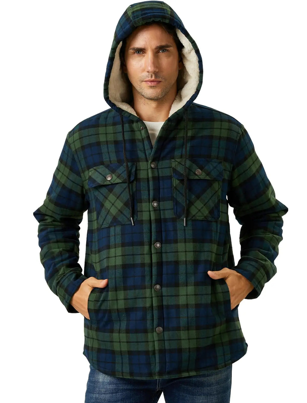 MAGCOMSEN Hooded Flannel Jacket Men's Plaid Jackets Cotton Sherpa Lined Jacket Winter Button Heavyweight Plaid Hoodies Male Don't Taxe That
