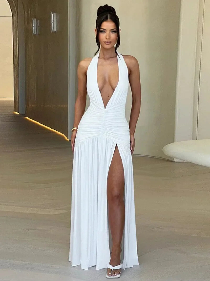 Women's Summer Deep V-neck High Waist Folds Long Dress Halter Neck Bandage Backless Tunics Split White Party Evening Dresses Don't Taxe That