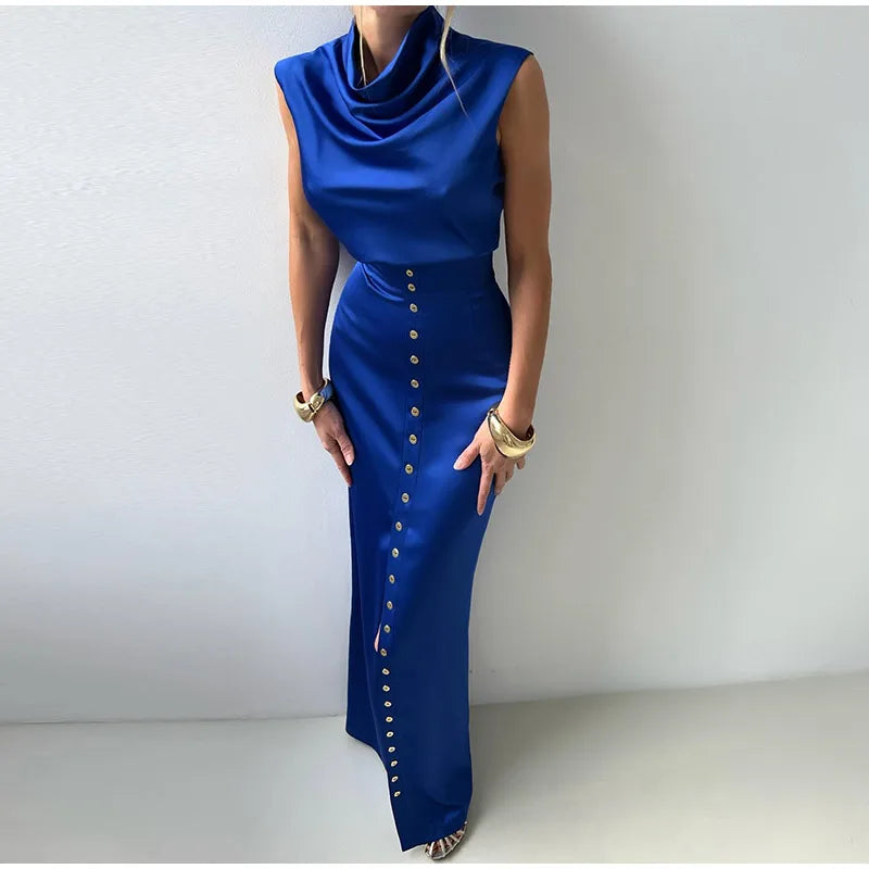 Crop Tops Long Skirt Two Piece Set Women Elegant Sleeveless Top Suit With Front Split Skirt Lady Chic Sexy Evening Party Outfits Don't Taxe That