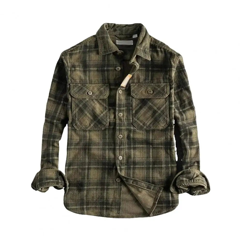 Spring Fall Men Shirt Plaid Print Single-breasted Long Sleeves Shirt Retro Mid Length Cardigan Top Don't Taxe That