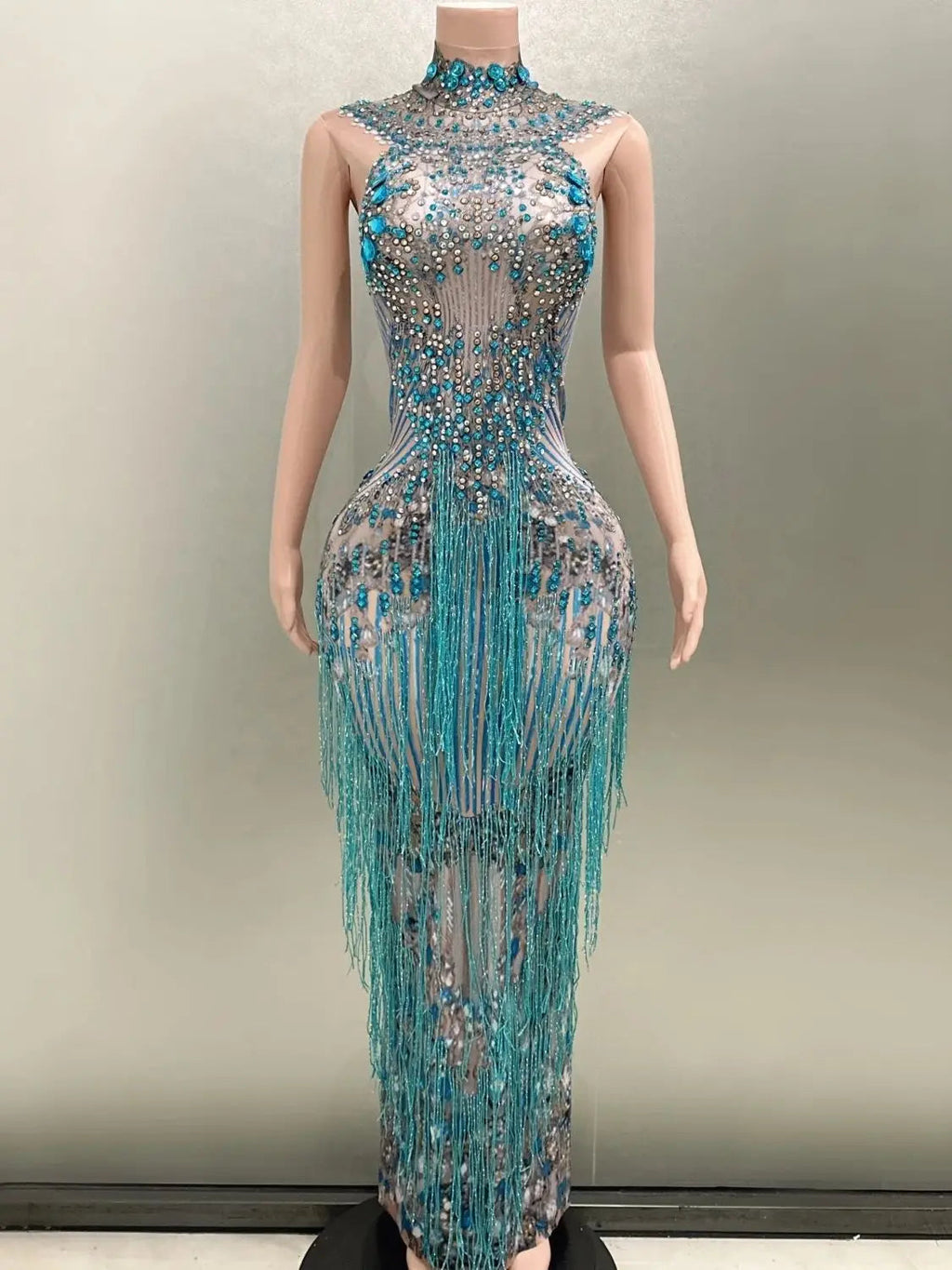 Fashion Crystals Rhinestone Party Long Dress Women Sleeveless Tassel Club Dress Blue Sexy Jazz Singer Dancer Stage Costumes Don't Taxe That