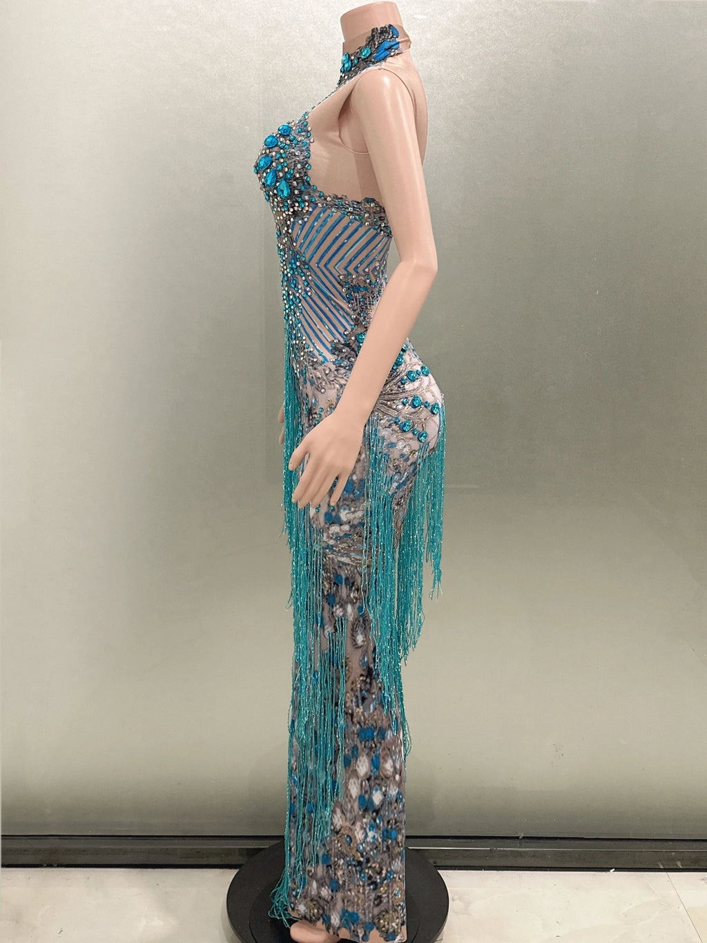 Fashion Crystals Rhinestone Party Long Dress Women Sleeveless Tassel Club Dress Blue Sexy Jazz Singer Dancer Stage Costumes Don't Taxe That