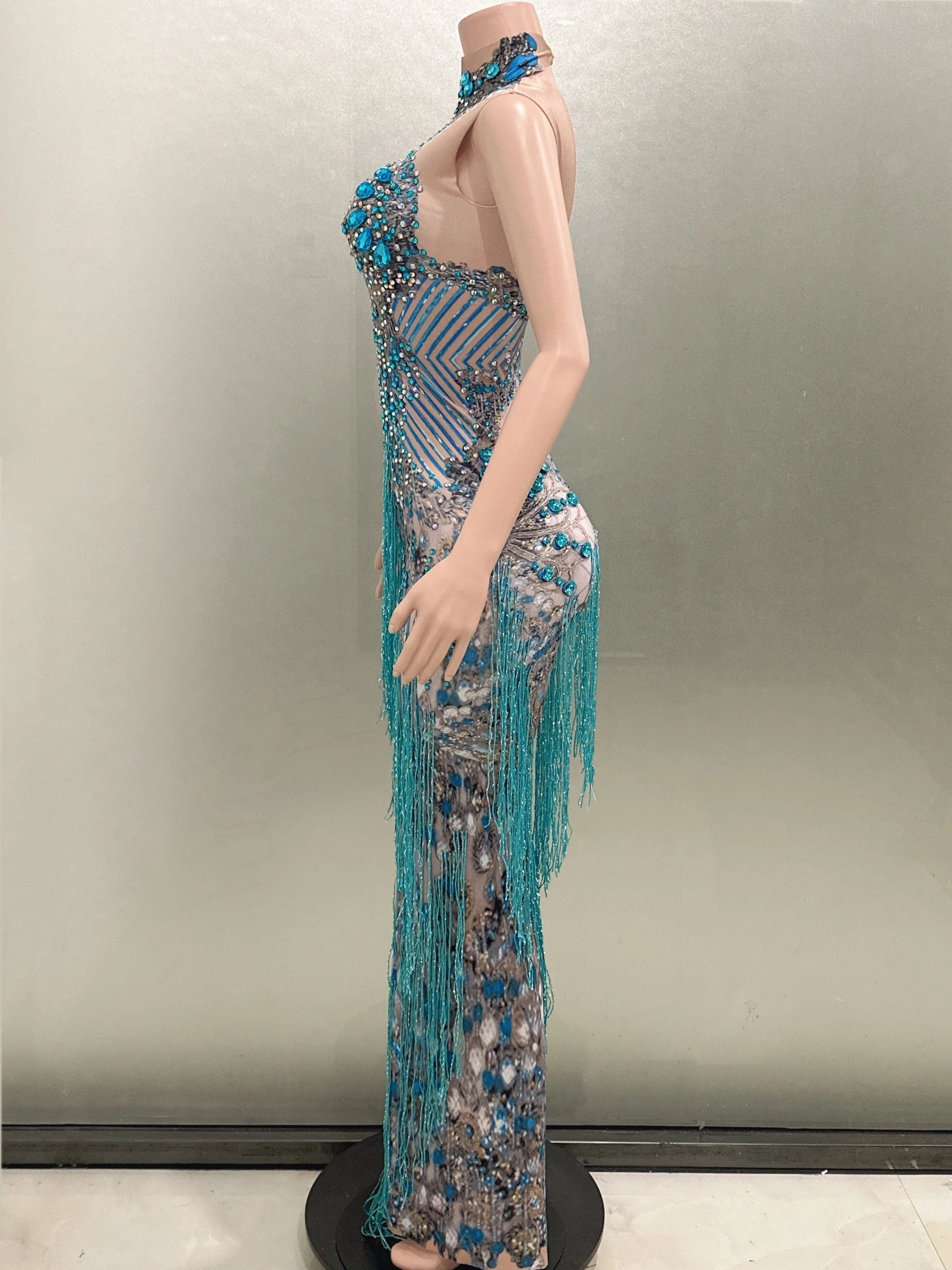 Fashion Crystals Rhinestone Party Long Dress Women Sleeveless Tassel Club Dress Blue Sexy Jazz Singer Dancer Stage Costumes Don't Taxe That