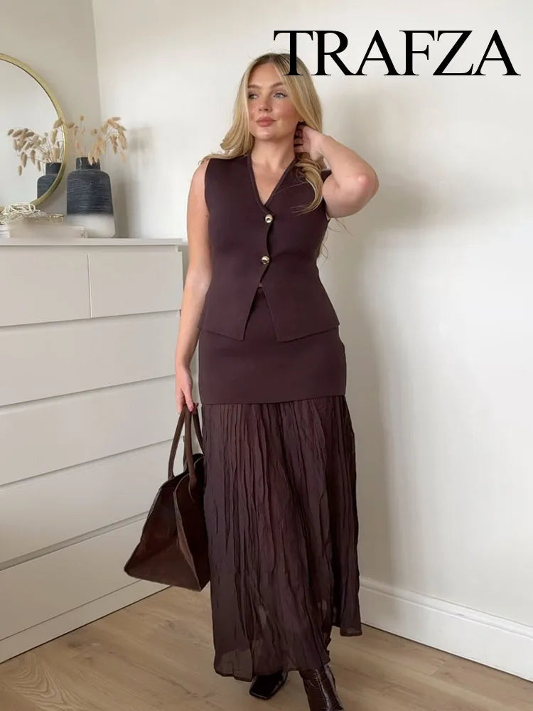 TRAFZA Women 2 Piece Set V-Neck Sleeveless Button Knitted Vest Top+Elegant Splicing High Waist Zipper Long Skirts Holiday Suits Don't Taxe That