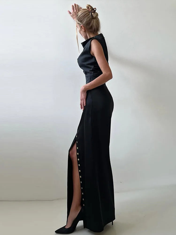 Crop Tops Long Skirt Two Piece Set Women Elegant Sleeveless Top Suit With Front Split Skirt Lady Chic Sexy Evening Party Outfits Don't Taxe That
