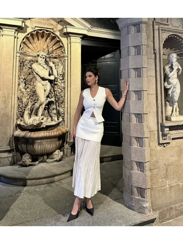 TRAF Women Knitted Sets Loose Skirt Set 2 Pieces 2024 Summer Button V-neck Vest Top Ankle-Length Skirt Lady Street Outfit Don't Taxe That