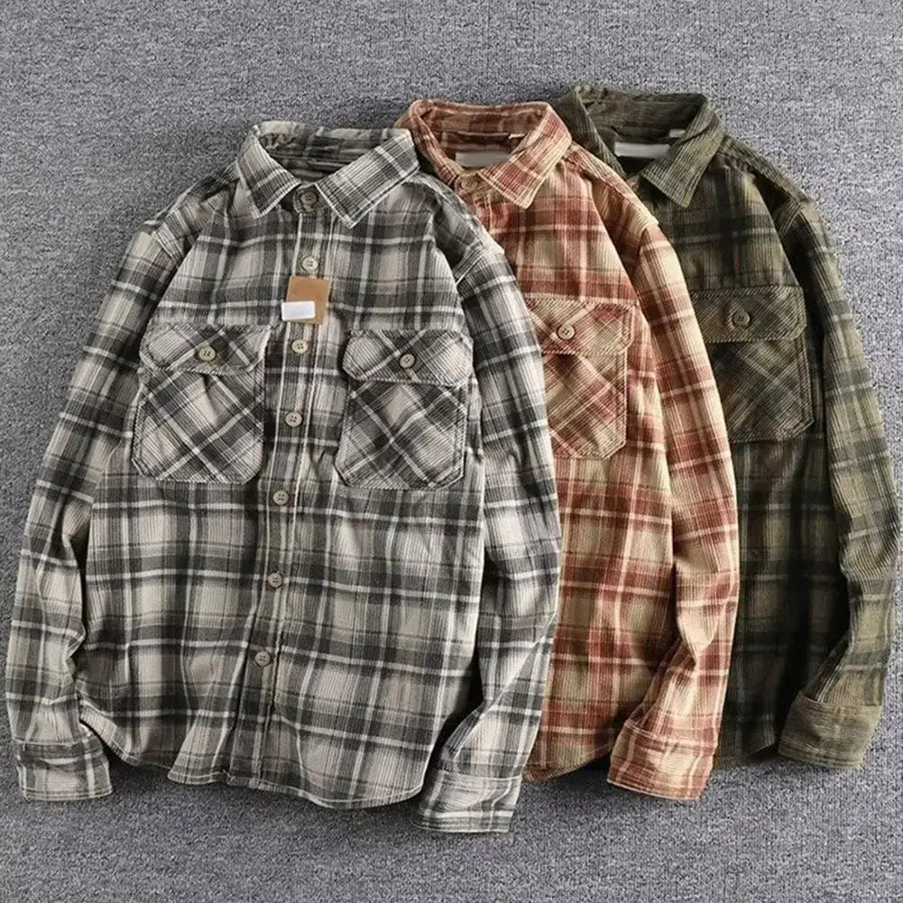 Spring Fall Men Shirt Plaid Print Single-breasted Long Sleeves Shirt Retro Mid Length Cardigan Top Don't Taxe That