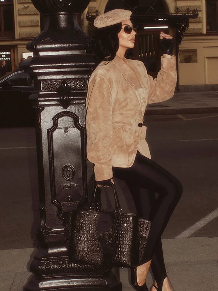 Solid Waist Cinching Blazer Women Shoulder Pads Lapel Single Breasted Long Sleeves Jackets Chic Elegant Casual Street Outerwear Don't Taxe That