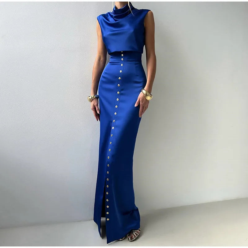 Crop Tops Long Skirt Two Piece Set Women Elegant Sleeveless Top Suit With Front Split Skirt Lady Chic Sexy Evening Party Outfits Don't Taxe That