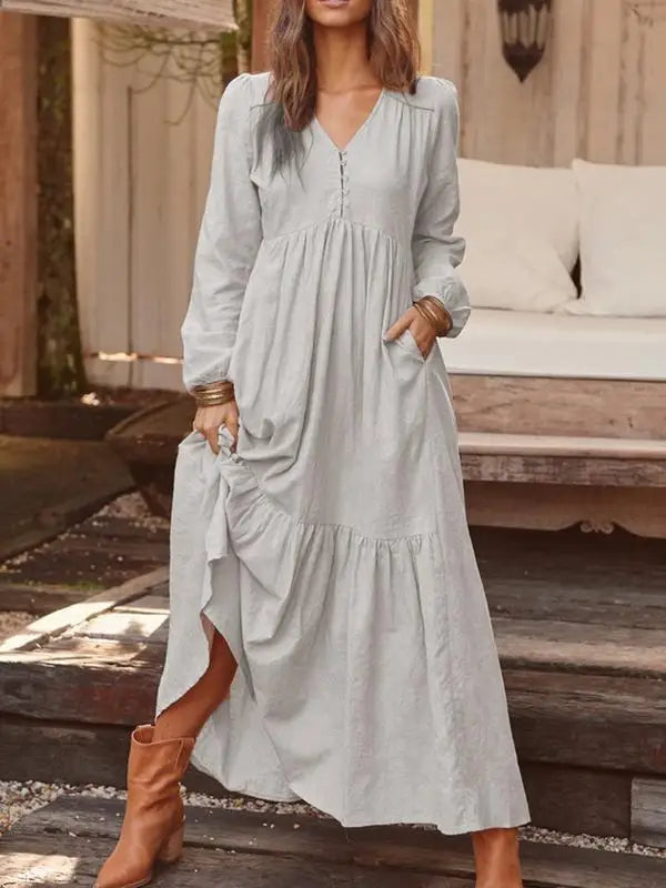 Cotton And Linen Vintage Style Long Dress For Women Casual V Neck Long Sleeve Loose Maxi Dresses Female Elegant Women's Clothing Don't Taxe That