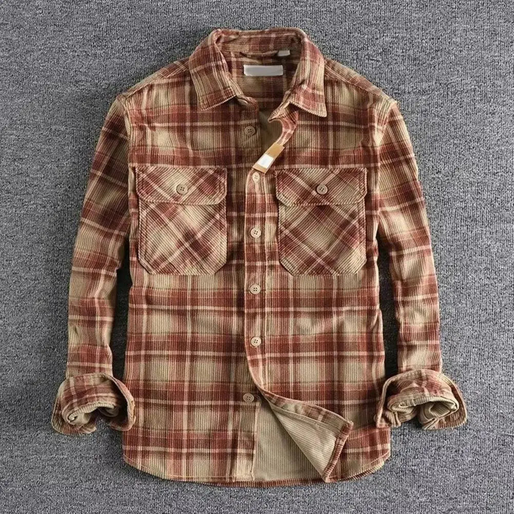 Spring Fall Men Shirt Plaid Print Single-breasted Long Sleeves Shirt Retro Mid Length Cardigan Top Don't Taxe That