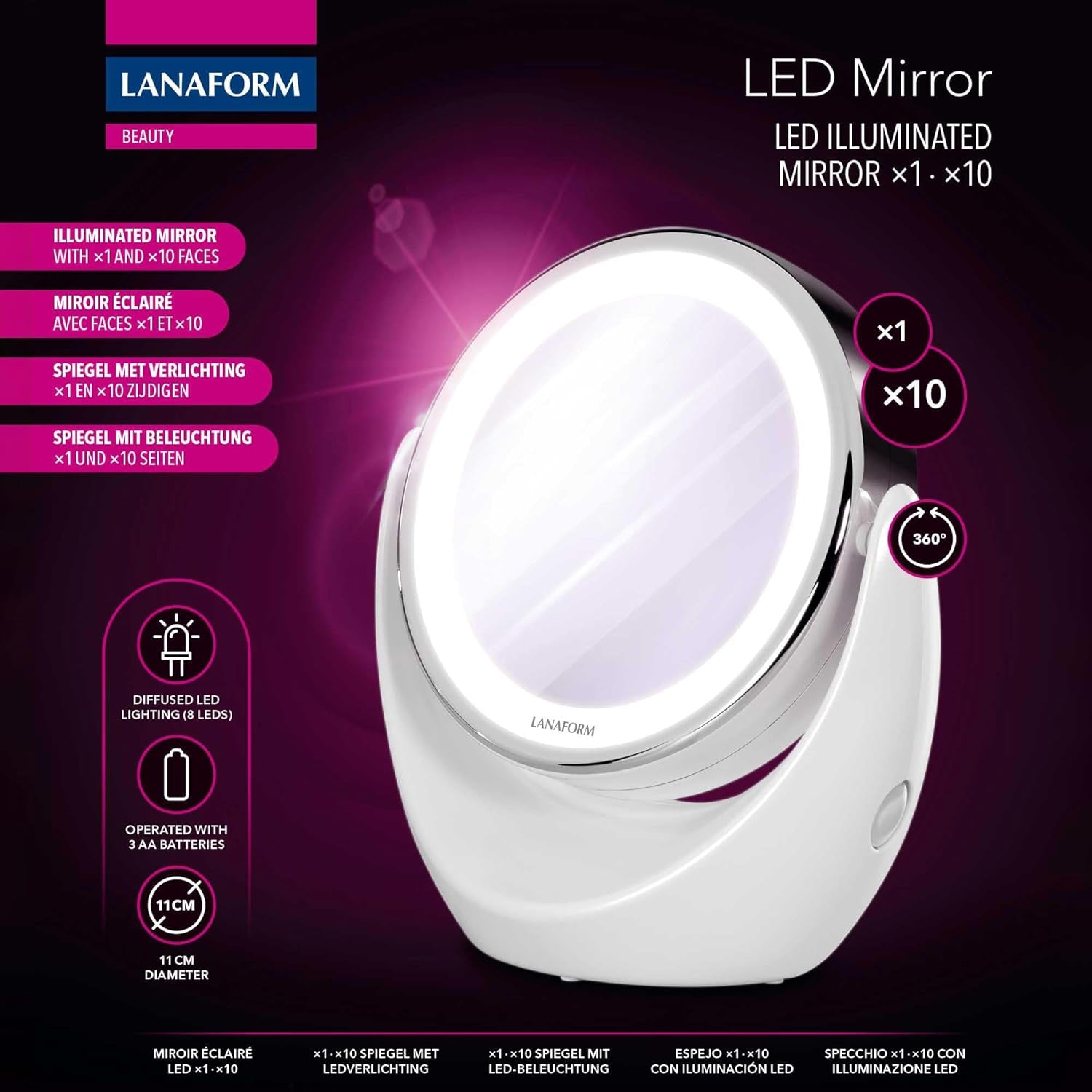 LED Mirror - Miroir Maquillage - Miroir LED Ø13 Cm - Miroir Grossissant - Effet Grossisant X1/ X10 - Miroir Double Face - Petit Miroir