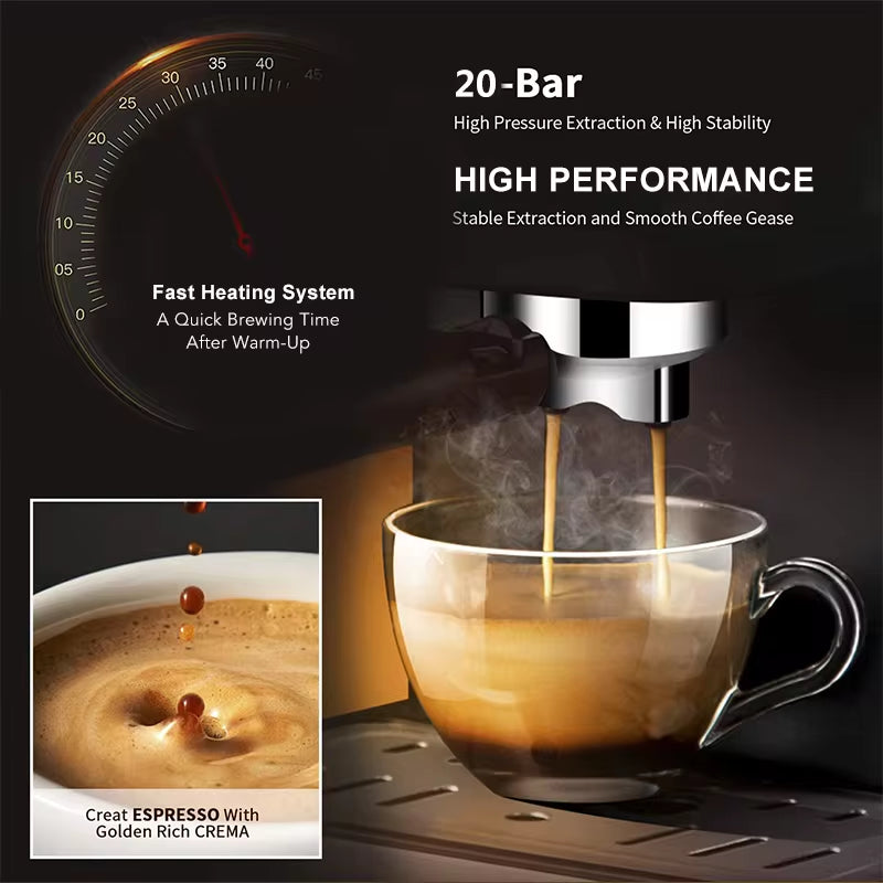 20 Bar Italian Type Espresso Coffee Maker Machine with Milk Frother Wand for Espresso, Cappuccino, Latte and Mocha