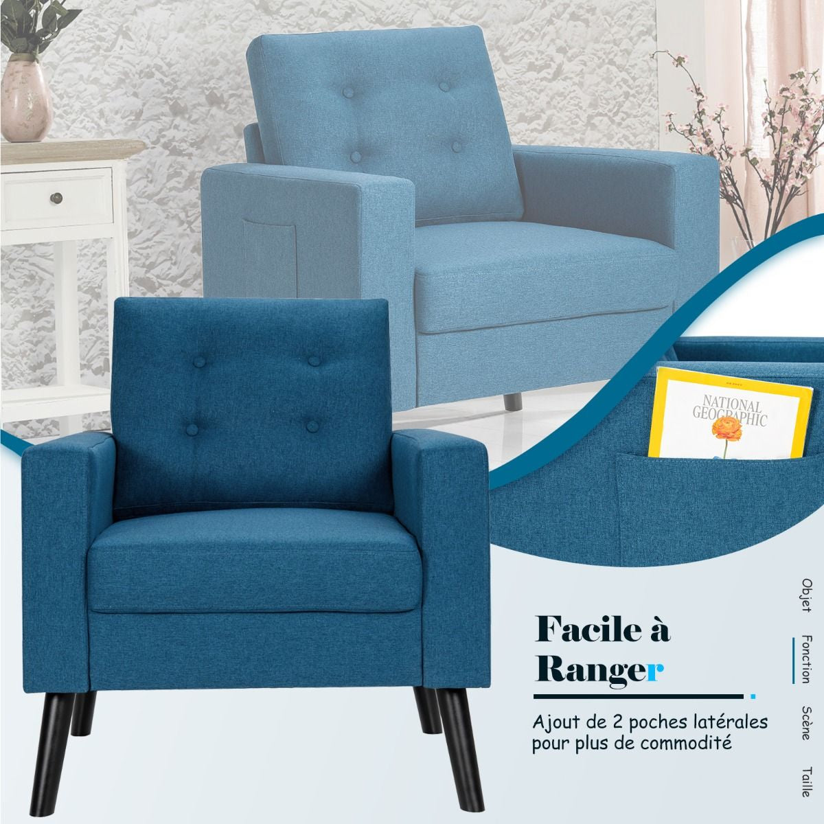 Fauteuil De Salon 1 Personne Avec Profondeur D'Assise 53Cm Canapé 1 Place Avec Pieds Bois D’Hévéa Pour Chambre Salon Bureau 81*67*86Cm Bleu/Beige/Gris