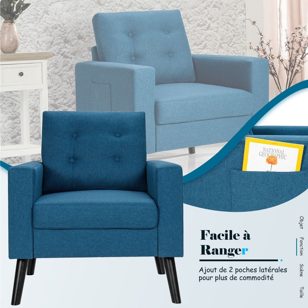 Fauteuil De Salon 1 Personne Avec Profondeur D'Assise 53Cm Canapé 1 Place Avec Pieds Bois D’Hévéa Pour Chambre Salon Bureau 81*67*86Cm Bleu/Beige/Gris