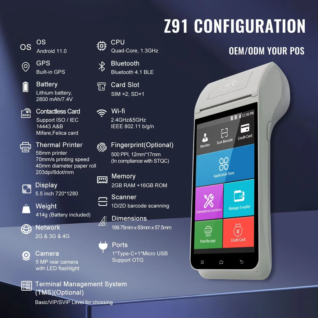 Z91 5.5Inches Hand Held POS Printer with 4G Wifi Bluetooth NFC Printer Camera Fingerprint