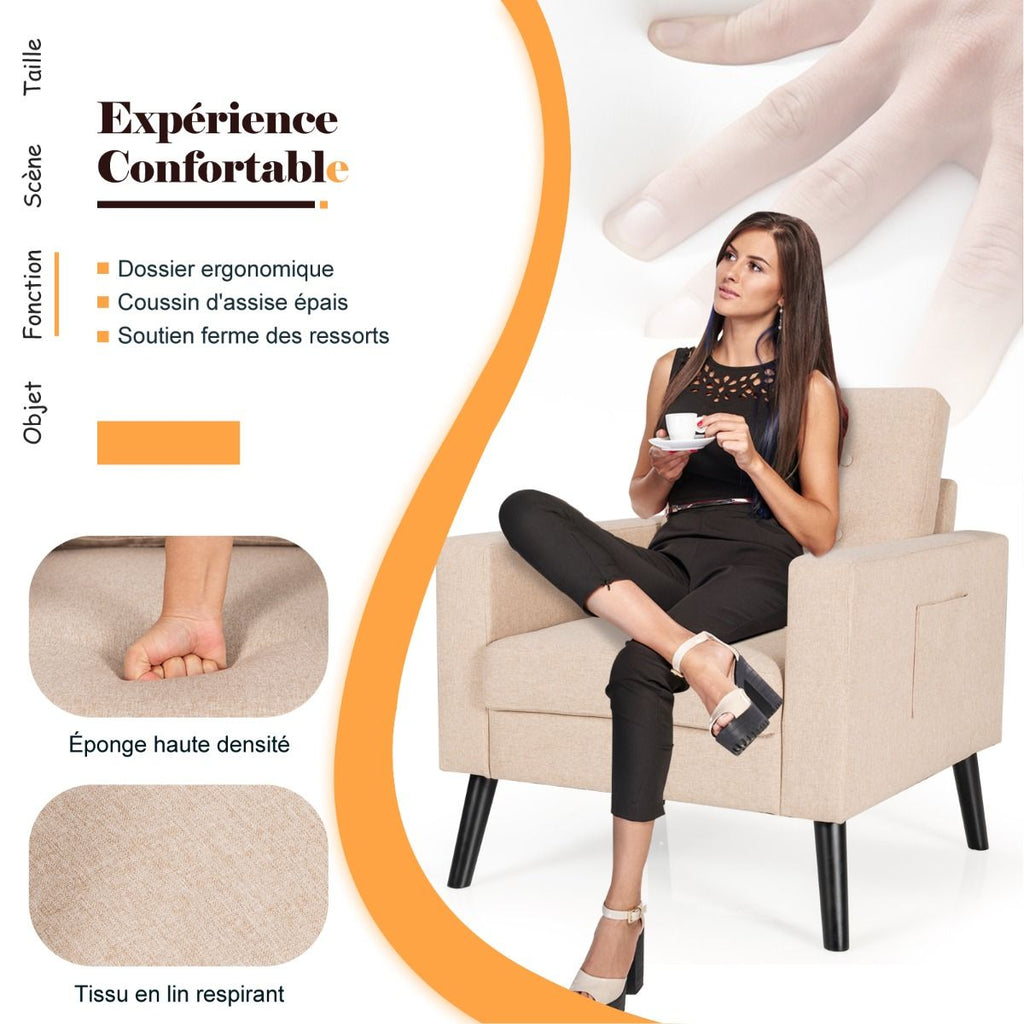 Fauteuil De Salon 1 Personne Avec Profondeur D'Assise 53Cm Canapé 1 Place Avec Pieds Bois D’Hévéa Pour Chambre Salon Bureau 81*67*86Cm Bleu/Beige/Gris